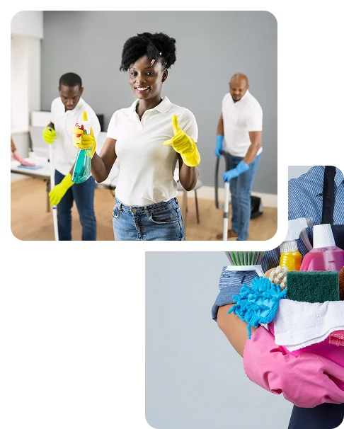 Une équipe de nettoyage souriante en uniforme s'affaire à la tâche. Au premier plan, une femme tient un vaporisateur, sourit avec assurance et lève le pouce en signe d'approbation