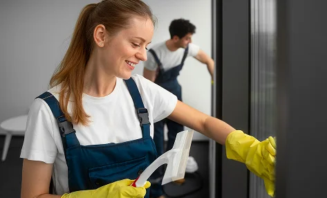 Une femme souriante vêtue d'une combinaison bleue nettoie une fenêtre à l'aide d'une raclette, tout en portant des gants jaunes. Un homme vêtu d'une tenue assortie nettoie en arrière-plan, illustrant ainsi l'esprit d'équipe