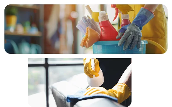 Une personne portant des gants en caoutchouc jaunes nettoie une surface à l'aide d'un chiffon bleu et d'un vaporisateur, baignée par la lumière naturelle provenant d'une grande fenêtre